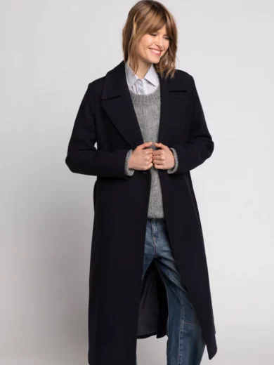 Manteau PRECIEUX - Manteau long ceinturé en laine vierge bleu marine - TRENCH&COAT