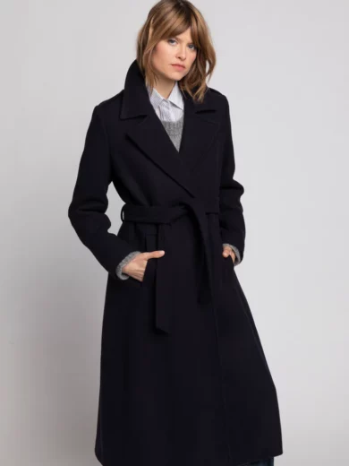 Manteau PRECIEUX - Manteau long ceinturé en laine vierge bleu marine - TRENCH&COAT