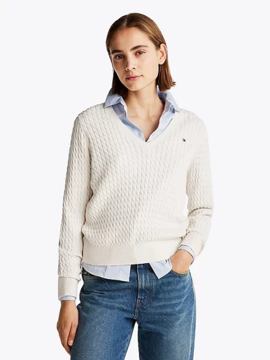 Pull en maille torsadée col en V - TOMMY HILFIGER